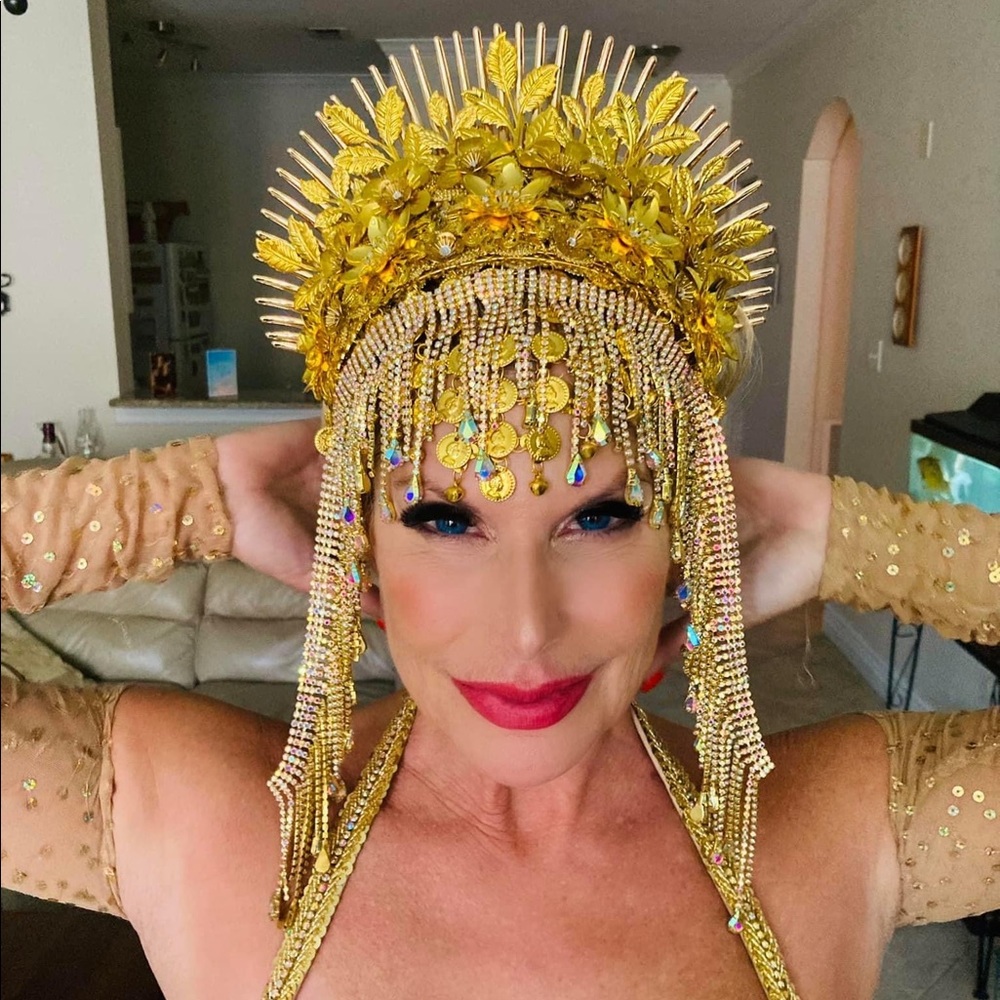 Gold Metal and Crystal Fringe Art Deco Crown for Belly dance/Samba/Drag Queen